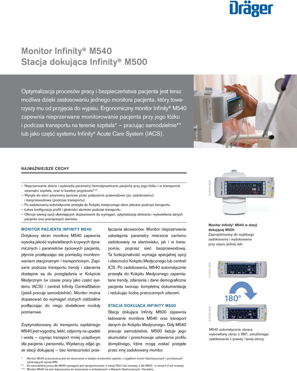 Ergonomiczny monitor Infinity M540 zapewnia nieprzerwane monitorowanie pacjenta przy jego łóżku i podczas transportu na terenie szpitala* pracując samodzielnie** lub jako część systemu Infinity Acute