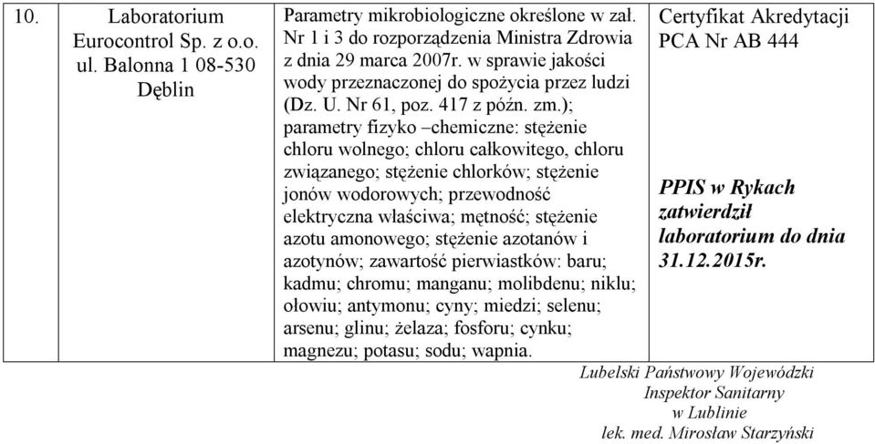 ); parametry fizyko chemiczne: stężenie chloru wolnego; chloru całkowitego, chloru związanego; stężenie chlorków; stężenie jonów wodorowych; przewodność elektryczna właściwa; mętność; stężenie azotu