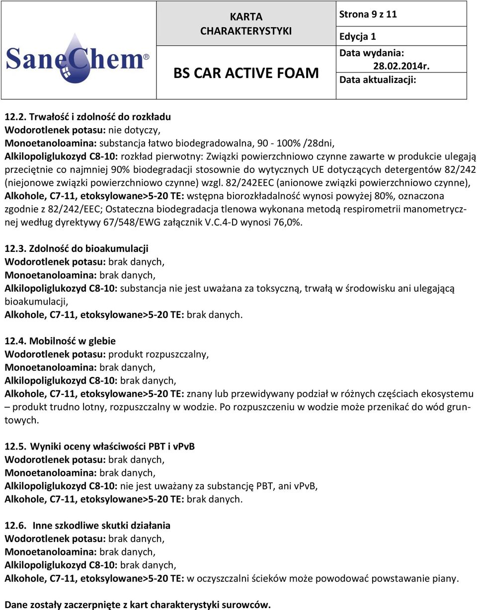 powierzchniowo czynne zawarte w produkcie ulegają przeciętnie co najmniej 90% biodegradacji stosownie do wytycznych UE dotyczących detergentów 82/242 (niejonowe związki powierzchniowo czynne) wzgl.
