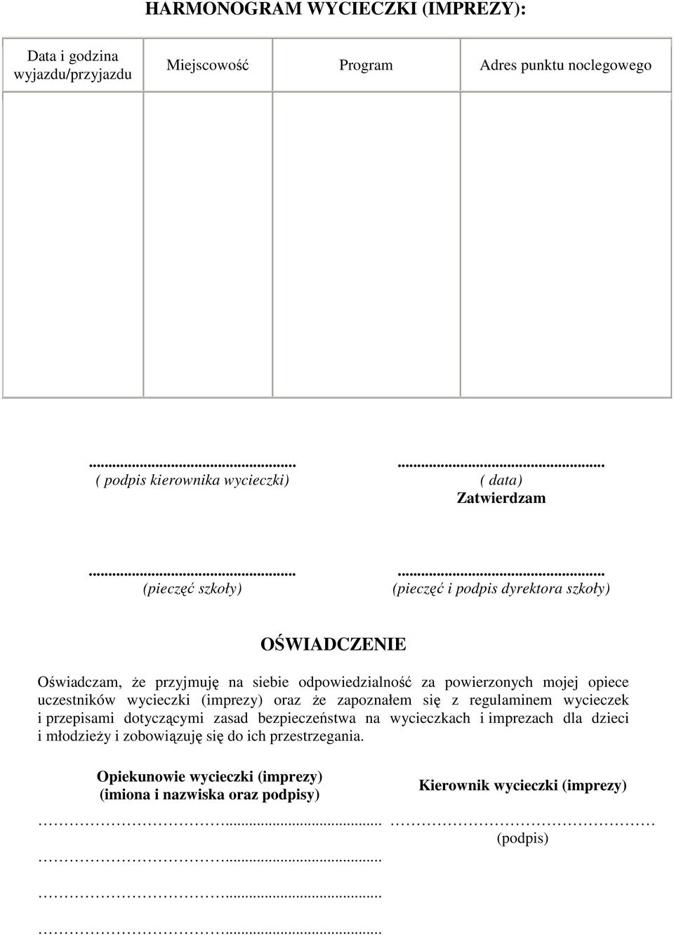 .. (pieczęć i podpis dyrektora szkoły) OŚWIADCZENIE Oświadczam, Ŝe przyjmuję na siebie odpowiedzialność za powierzonych mojej opiece uczestników wycieczki