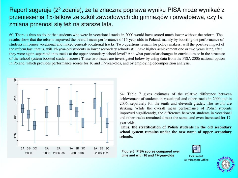 The results show that the reform improved the overall mean performance of 15-year-olds in Poland, mainly by boosting the performance of students in former vocational and mixed general-vocational