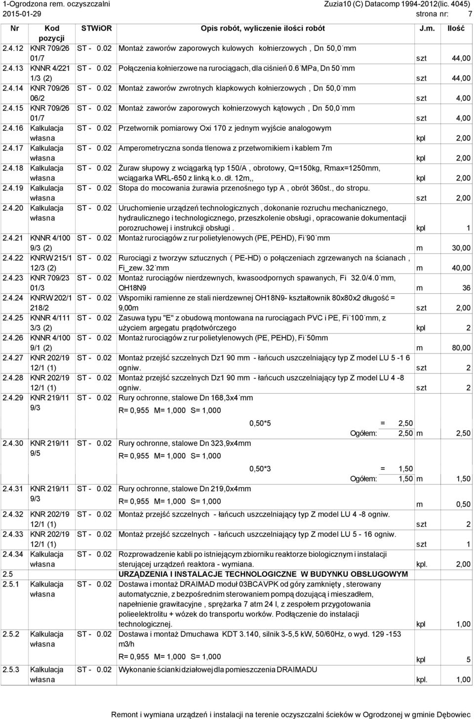 02 Montaż zaworów zaporowych kołnierzowych kątowych, Dn 50,0 mm szt 4,00 2.4.16 Kalkulacja ST - 0.02 Przetwornik pomiarowy Oxi 170 z jednym wyjście analogowym 2.4.17 Kalkulacja ST - 0.