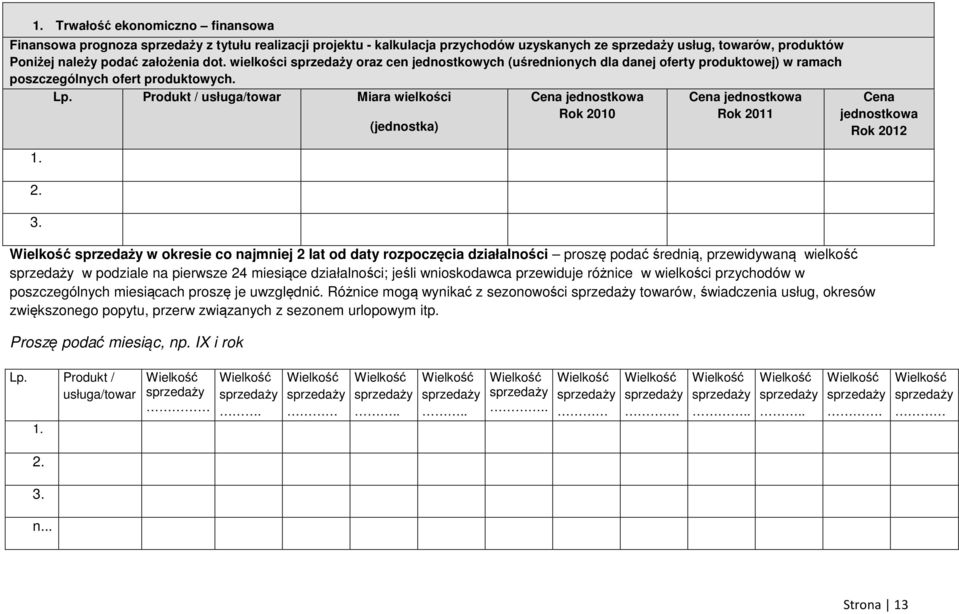 (jednostka) Cena jednostkowa Rok 2010 Cena jednostkowa Rok 2011 w okresie co najmniej 2 lat od daty rozpoczęcia działalności proszę podać średnią, przewidywaną wielkość w podziale na pierwsze 24