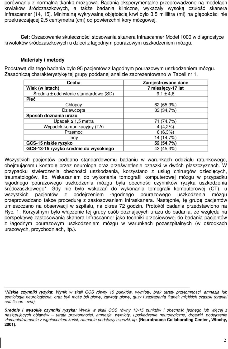 Cel: Oszacowanie skuteczności stosowania skanera Infrascanner Model 1000 w diagnostyce krwotoków śródczaszkowych u dzieci z łagodnym pourazowym uszkodzeniem mózgu.
