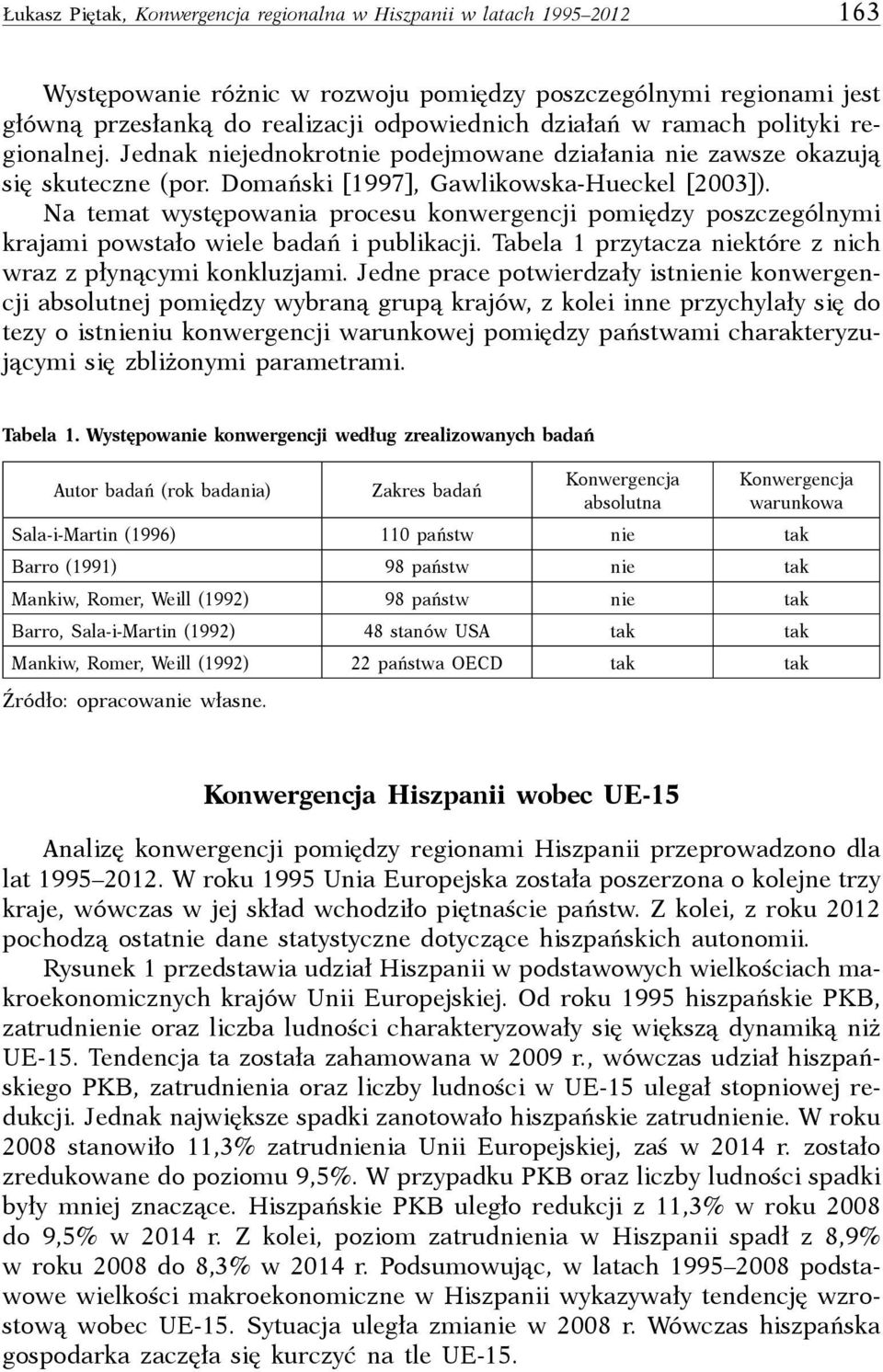 Na temat występowania procesu konwergencji pomiędzy poszczególnymi krajami powstało wiele badań i publikacji. Tabela 1 przytacza niektóre z nich wraz z płynącymi konkluzjami.