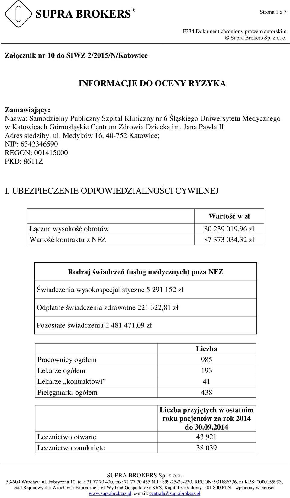 UBEZPIECZENIE ODPOWIEDZIALNOŚCI CYWILNEJ Wartość w zł Łączna wysokość obrotów Wartość kontraktu z NFZ 80 239 019,96 zł 87 373 034,32 zł Rodzaj świadczeń (usług medycznych) poza NFZ Świadczenia