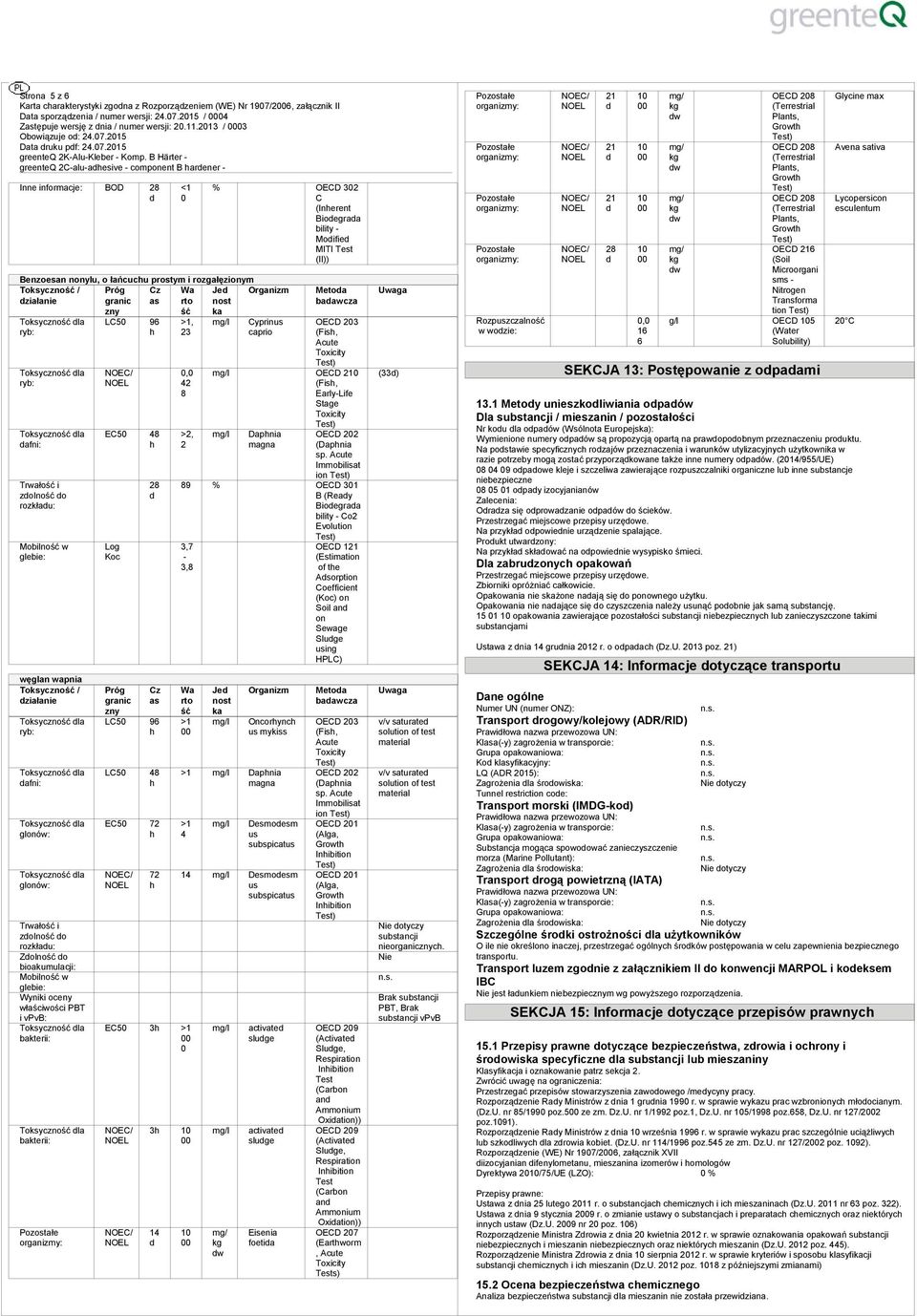 afni: Trwało i zolno o rozkłau: Mobilno w lebie: węlan wapnia afni: lonów: lonów: Trwało i zolno o rozkłau: Zolno o bioakuulacji: Mobilno w lebie: Wyniki oce właściwości PBT i vpvb: bakterii:
