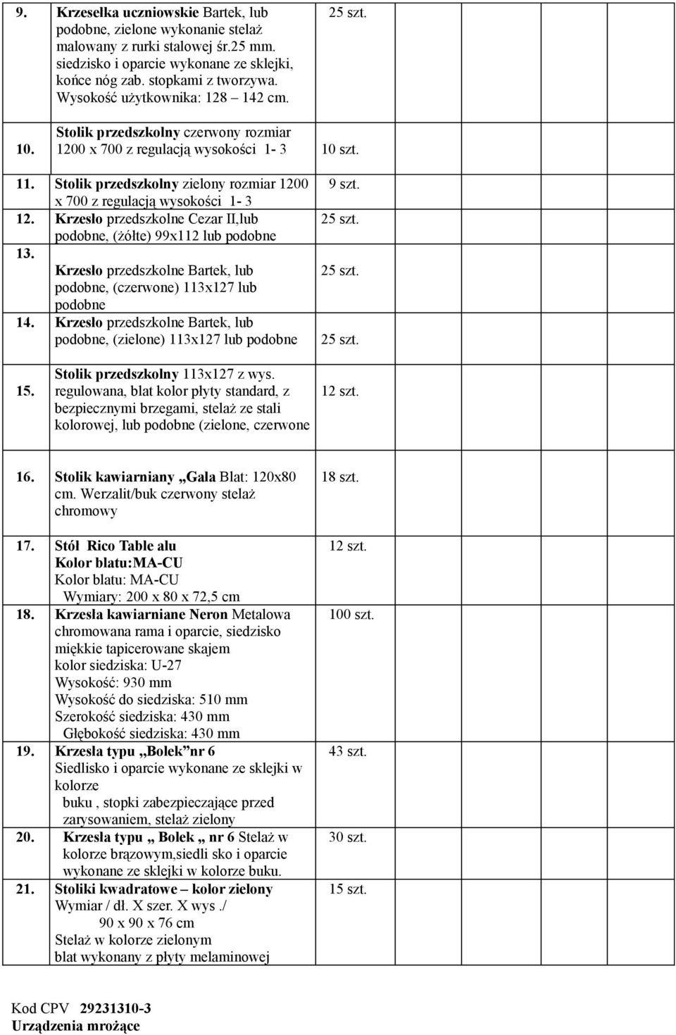 Stolik przedszkolny zielony rozmiar 1200 x 700 z regulacją wysokości 1-3 12. Krzesło przedszkolne Cezar II,lub podobne, (żółte) 99x112 lub podobne 13.