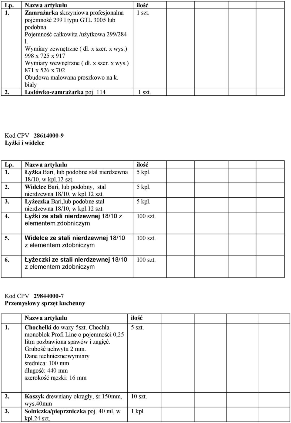 Łyżka Bari, lub podobne stal 5 kpl. 18/10, w kpl.1 2. Widelec Bari, lub podobny, stal 5 kpl. 18/10, w kpl.1 3. Łyżeczka Bari,lub podobne stal 5 kpl. 18/10, w kpl.1 4.