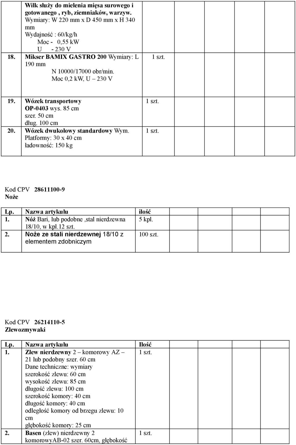 Platformy: 30 x 40 cm ładowność: 150 kg Kod CPV 28611100-9 Noże 1. Nóż Bari, lub podobne,stal 5 kpl. 18/10, w kpl.1 2. Noże ze stali nierdzewnej 18/10 z elementem zdobniczym 100 szt.