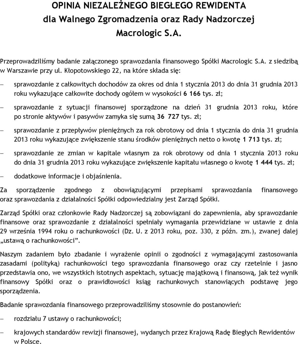 zł; sprawozdanie z sytuacji finansowej sporządzone na dzień 31 grudnia 2013 roku, które po stronie aktywów i pasywów zamyka się sumą 36 727 tys.