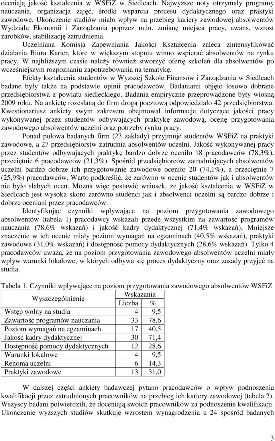 Uczelniana Komisja Zapewniania Jakości Kształcenia zaleca zintensyfikować działania Biura Karier, które w większym stopniu winno wspierać absolwentów na rynku pracy.