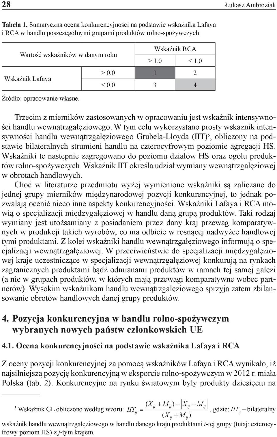własne. Wskaźnik RCA > 1,0 < 1,0 > 0,0 1 2 < 0,0 3 4 Trzecim z mierników zastosowanych w opracowaniu jest wskaźnik intensywności handlu wewnątrzgałęziowego.