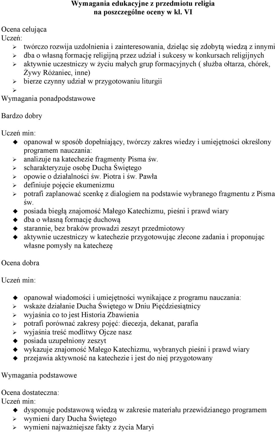 uczestniczy w życiu małych grup formacyjnych ( służba ołtarza, chórek, Żywy Różaniec, inne) bierze czynny udział w przygotowaniu liturgii Wymagania ponadpodstawowe Bardzo dobry opanował w sposób