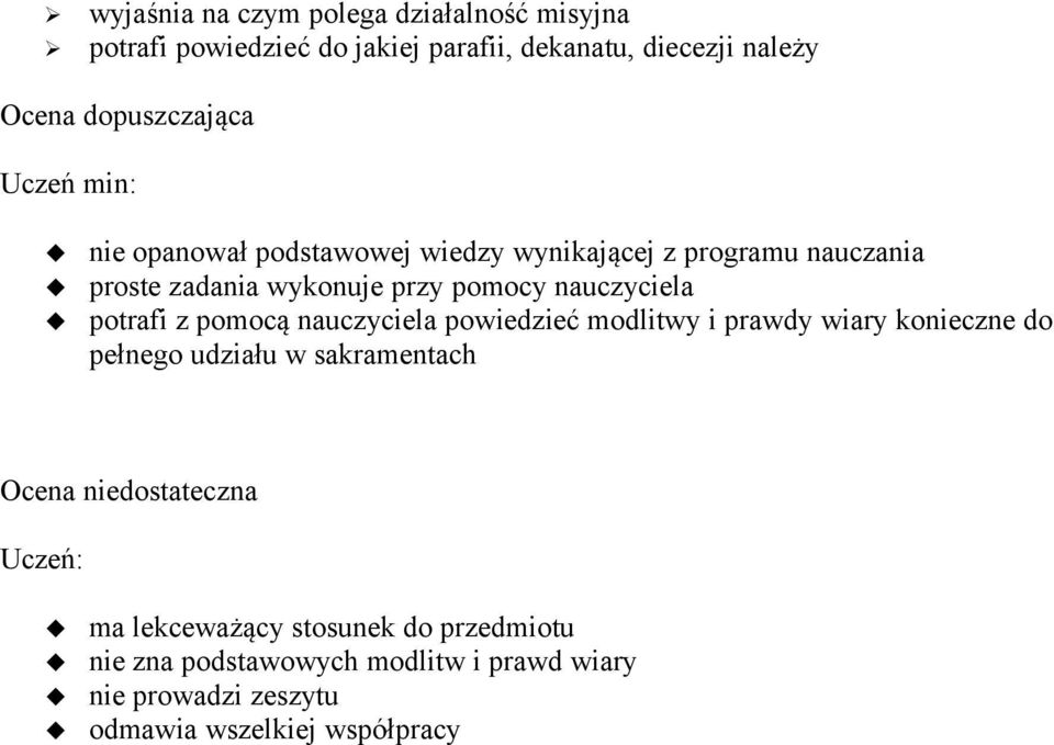 potrafi z pomocą nauczyciela powiedzieć modlitwy i prawdy wiary konieczne do pełnego udziału w sakramentach Ocena