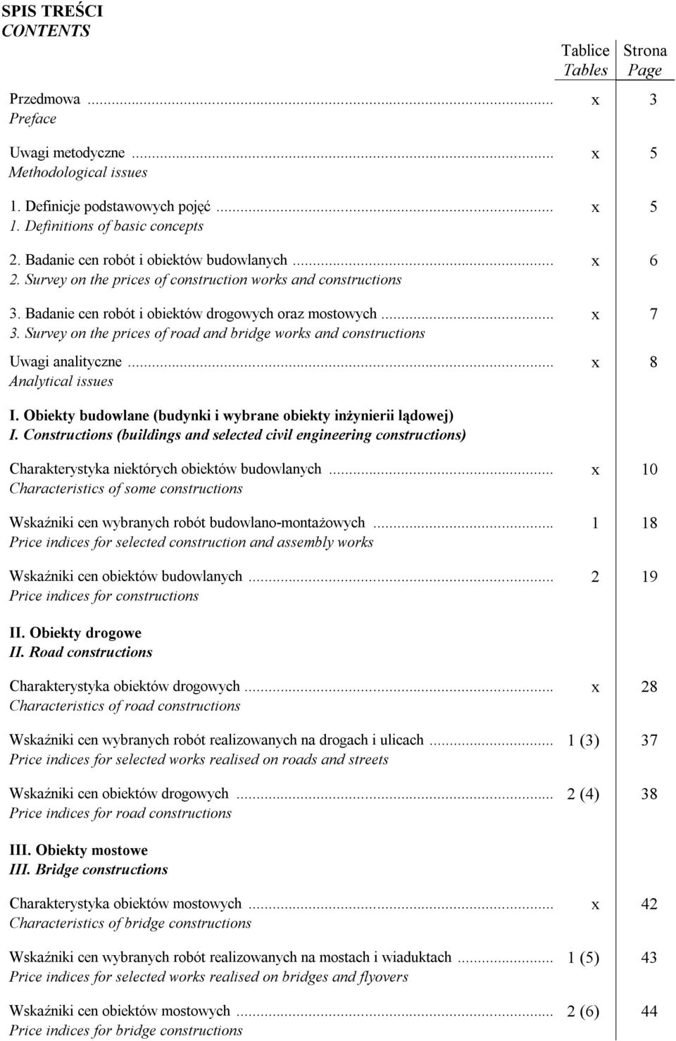 Survey on the prices of road and bridge works and constructions Uwagi analityczne... x 8 Analytical issues I. Obiekty budowlane (budynki i wybrane obiekty inżynierii lądowej) I.