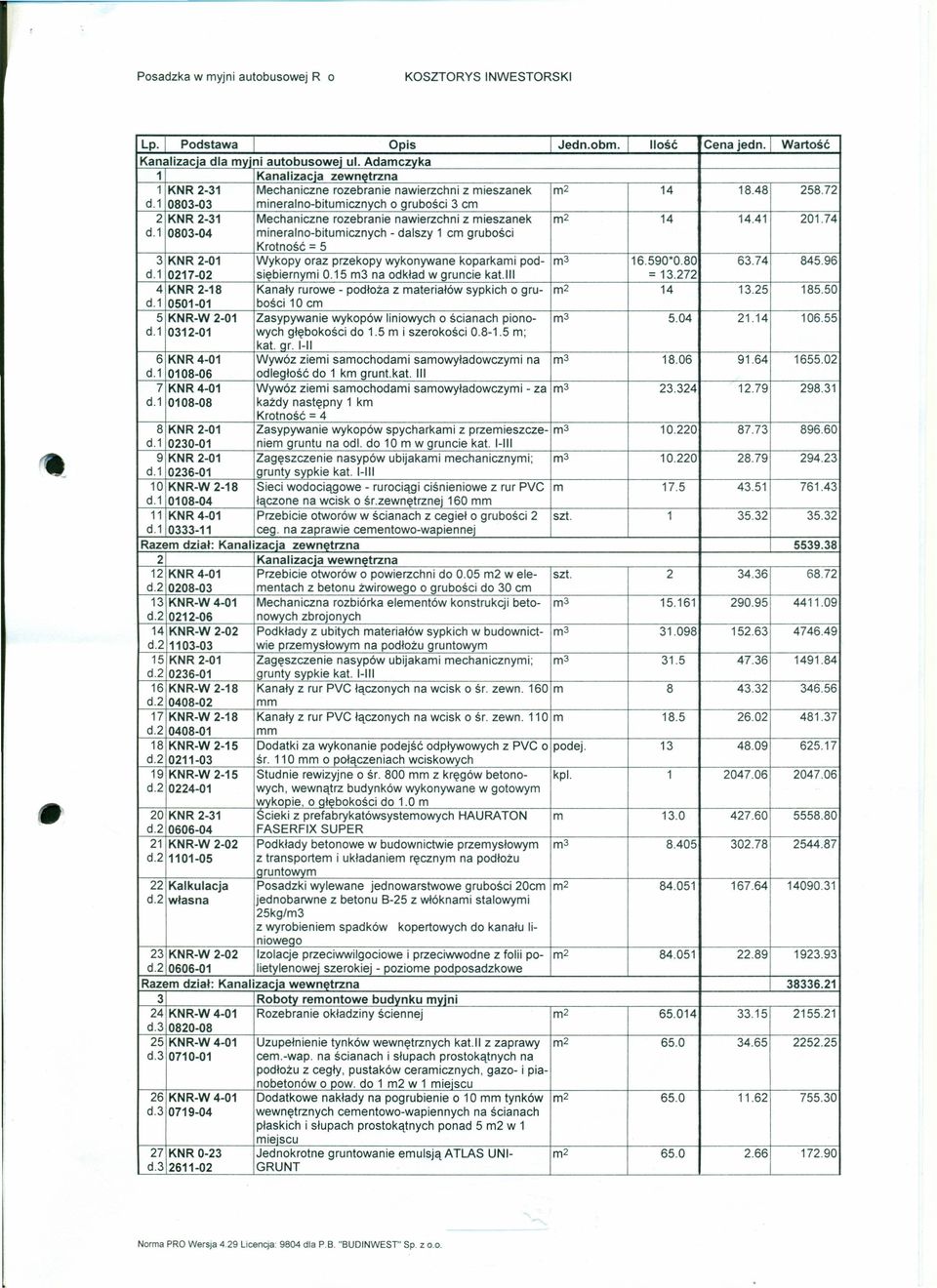 0803-03 ineralno-bituicznych o grubości 3 c 2 KNR 2-3 Mechaniczne rozebranie nawierzchni z ieszanek 4 4.4 20.74 d.