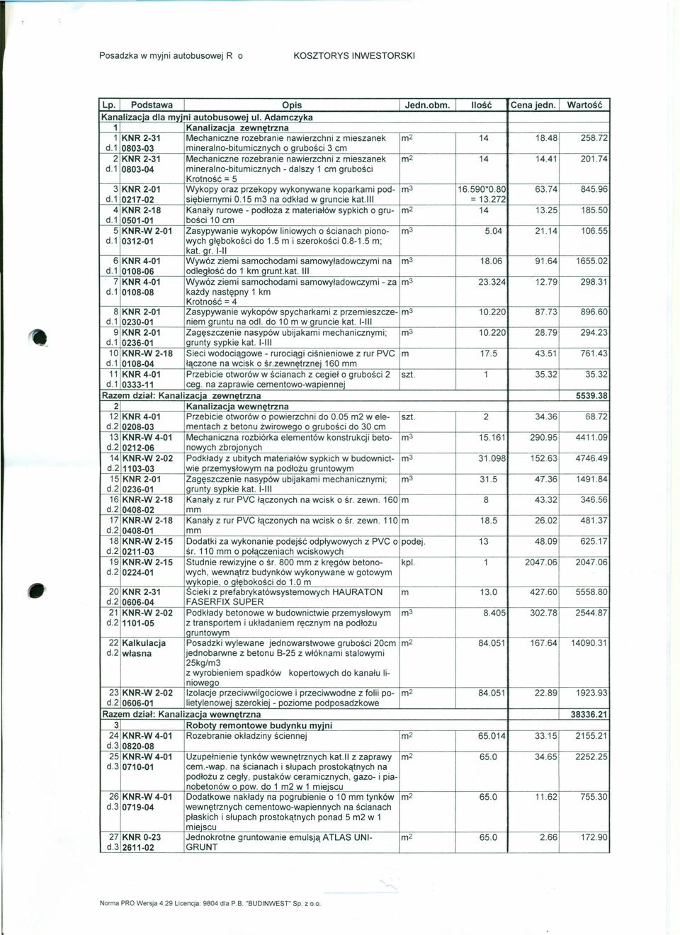 0803-03 ineralno-bituicznych o grubości 3 c 2 KNR 2-3 Mechaniczne rozebranie nawierzchni z ieszanek 4 4.4 20.74 d.