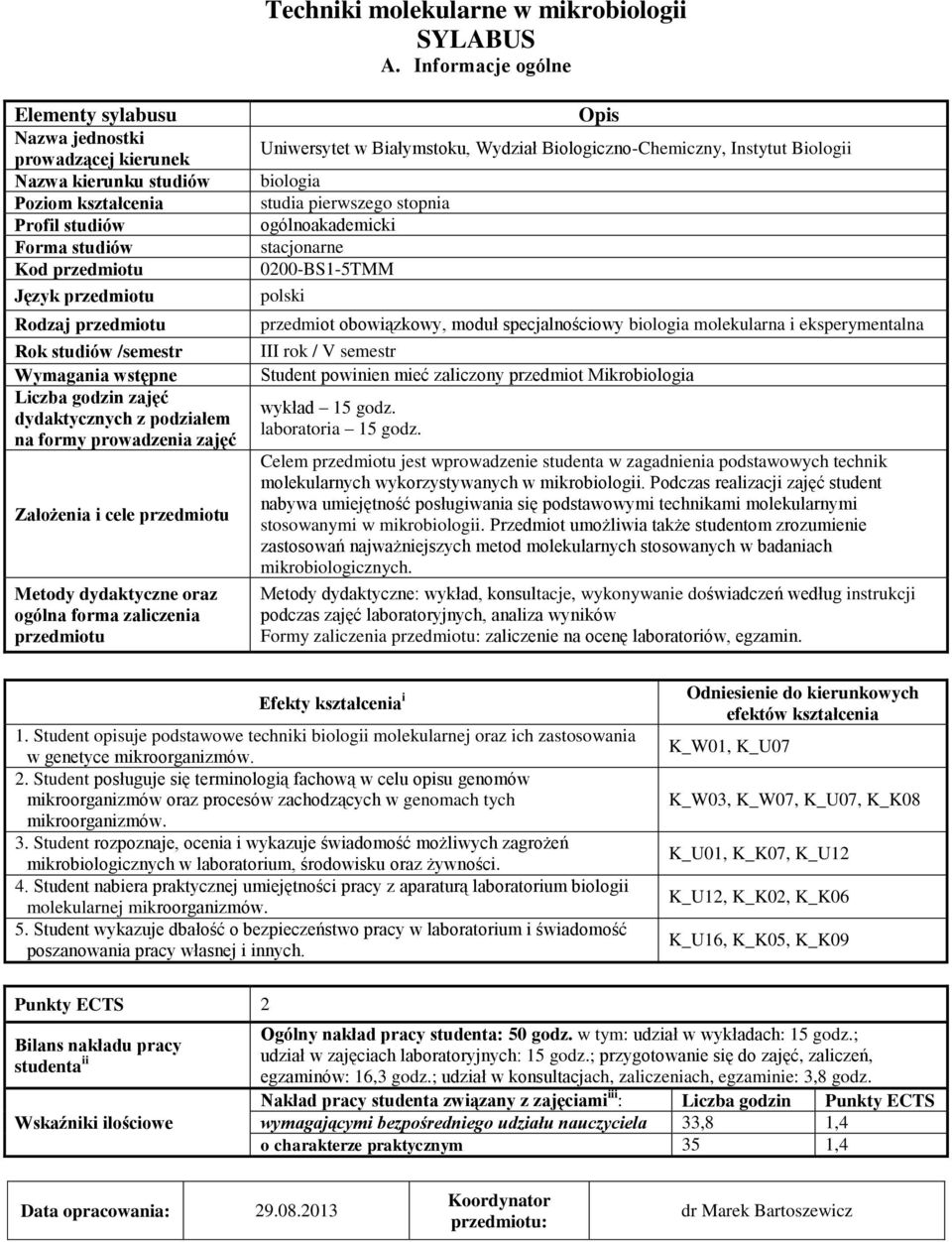 godzin zajęć dydaktycznych z podziałem na formy prowadzenia zajęć Założenia i cele Metody dydaktyczne oraz ogólna forma zaliczenia Uniwersytet w Białymstoku, Wydział Biologiczno-Chemiczny, Instytut