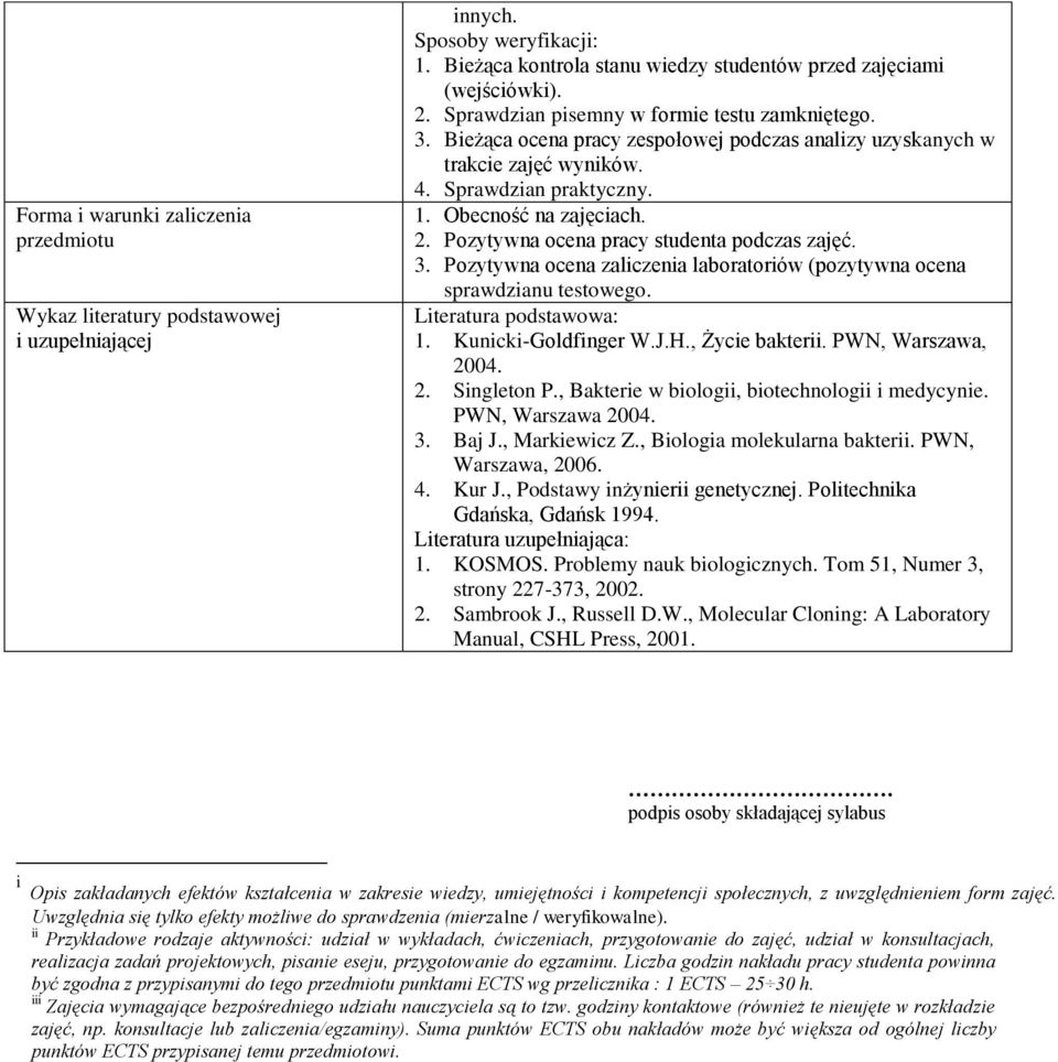 Pozytywna ocena pracy studenta podczas zajęć. 3. Pozytywna ocena zaliczenia laboratoriów (pozytywna ocena sprawdzianu testowego. Literatura podstawowa: 1. Kunicki-Goldfinger W.J.H., Życie bakterii.