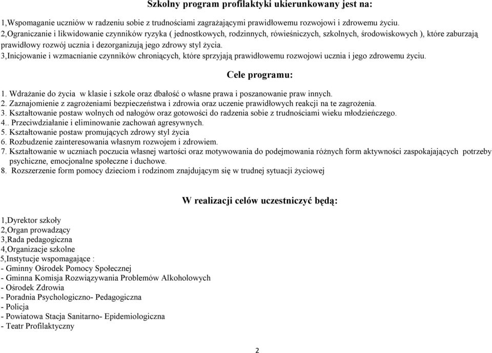 3,Inicjowanie i wzmacnianie czynników chroniących, które sprzyjają prawidłowemu rozwojowi ucznia i jego zdrowemu życiu. Cele programu: 1.
