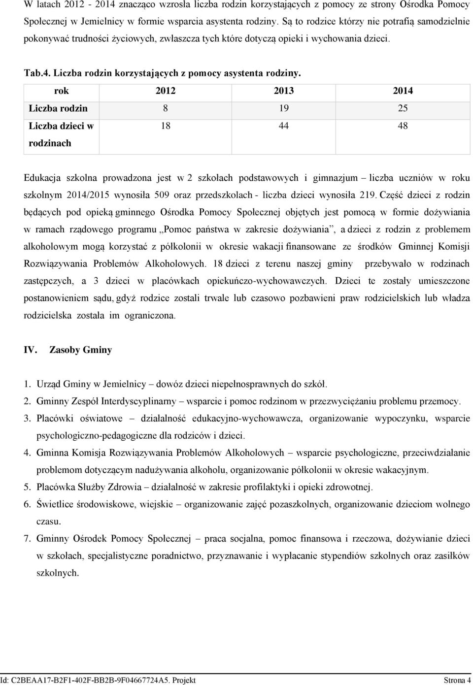 rok 2012 2013 2014 Liczba rodzin 8 19 25 Liczba dzieci w rodzinach 18 44 48 Edukacja szkolna prowadzona jest w 2 szkołach podstawowych i gimnazjum liczba uczniów w roku szkolnym 2014/2015 wynosiła