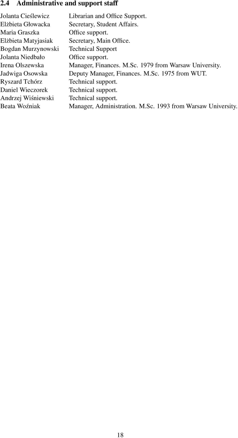 Secretary, Student Affairs. Office support. Secretary, Main Office. Technical Support Office support. Manager, Finances. M.Sc.