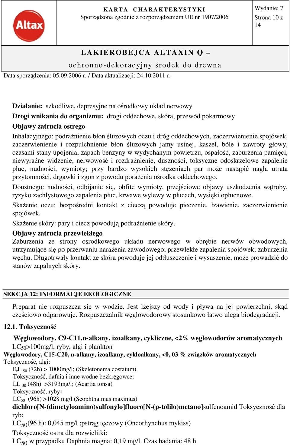 wydychanym powietrzu, ospałość, zaburzenia pamięci, niewyraźne widzenie, nerwowość i rozdrażnienie, duszności, toksyczne odoskrzelowe zapalenie płuc, nudności, wymioty; przy bardzo wysokich