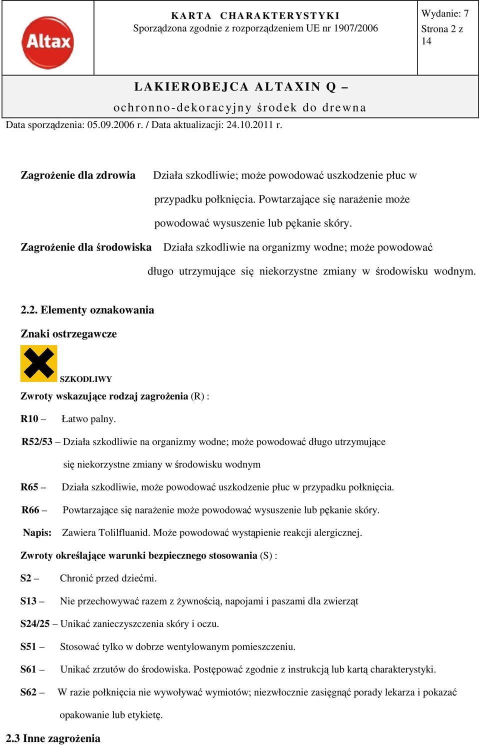 2. Elementy oznakowania Znaki ostrzegawcze SZKODLIWY Zwroty wskazujące rodzaj zagrożenia (R) : R10 Łatwo palny.