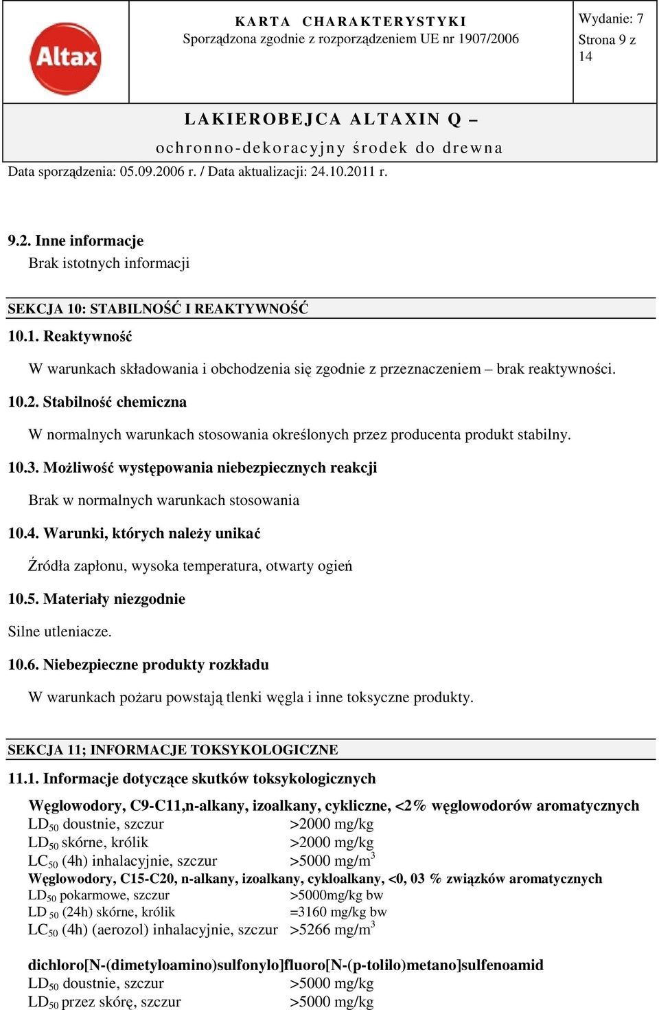 Możliwość występowania niebezpiecznych reakcji Brak w normalnych warunkach stosowania 10.4. Warunki, których należy unikać Źródła zapłonu, wysoka temperatura, otwarty ogień 10.5.