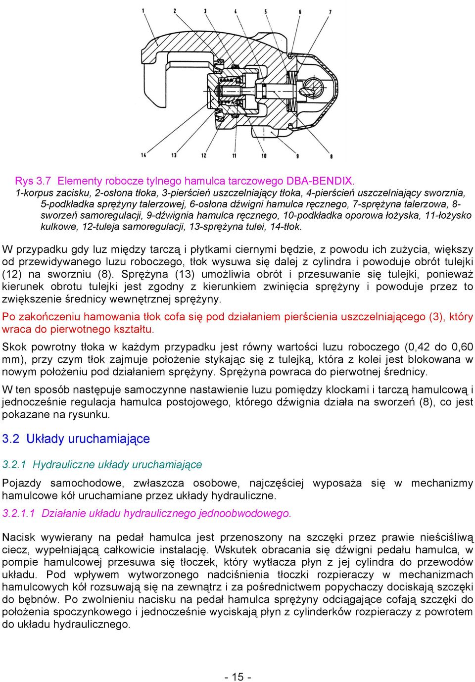 sworzeń samoregulacji, 9-dźwignia hamulca ręcznego, 10-podkładka oporowa łożyska, 11-łożysko kulkowe, 12-tuleja samoregulacji, 13-sprężyna tulei, 14-tłok.