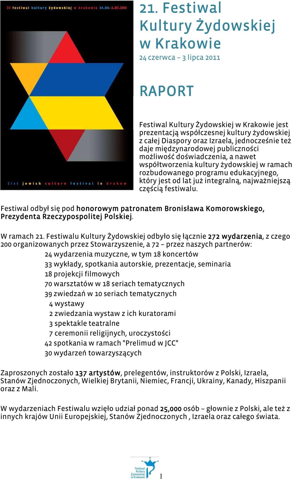 najważniejszą częścią festiwalu. Festiwal odbył się pod honorowym patronatem Bronisława Komorowskiego, Prezydenta Rzeczypospolitej Polskiej. W ramach 21.