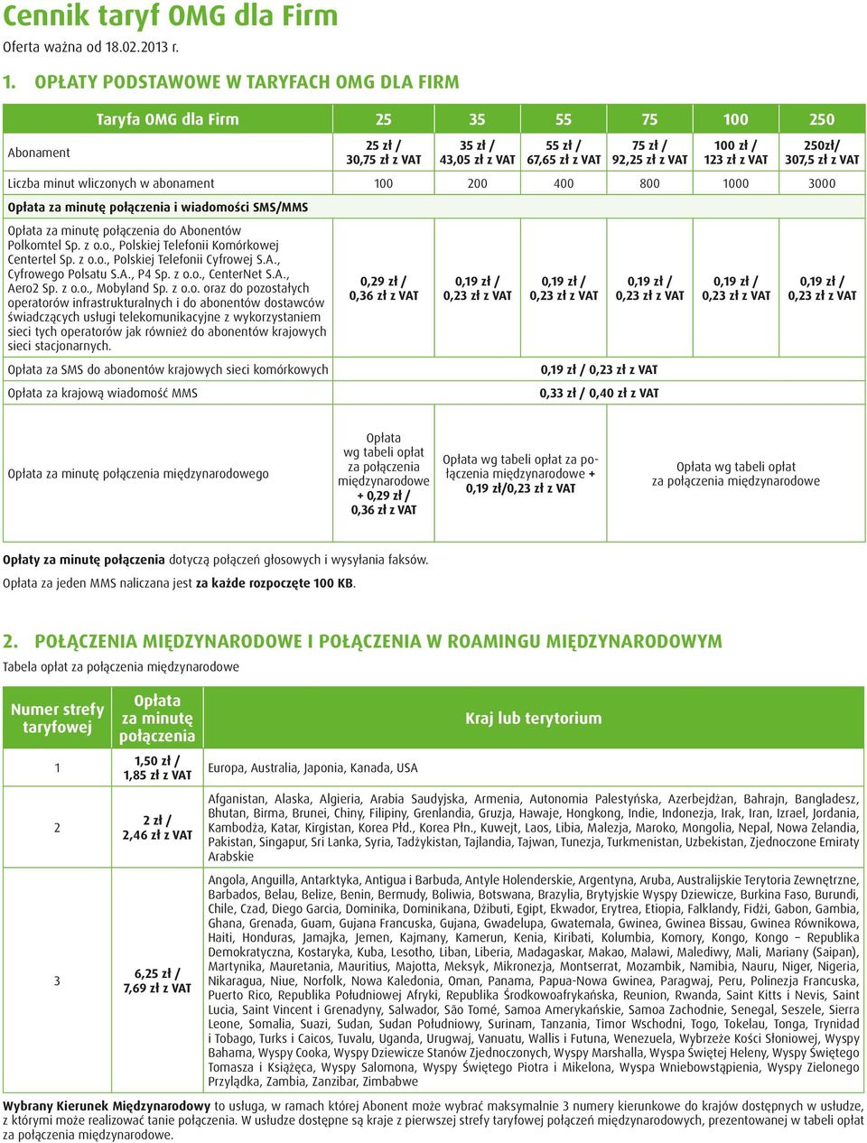 Opłaty podstawowe w taryfach OMG dla Firm Abonament Taryfa OMG dla Firm 25 35 55 75 100 250 25 zł / 30,75 zł z VAT 35 zł / 43,05 zł z VAT 55 zł / 67,65 zł z VAT 75 zł / 92,25 zł z VAT 100 zł / 123 zł