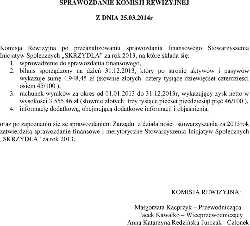 948,45 zł (słownie złotych: cztery tysiące dziewięćset czterdzieści osiem 45/100 ), 3. rachunek wyników za okres od 01.01.2013 do 31.12.2013r, wykazujący zysk netto w wysokości 3.