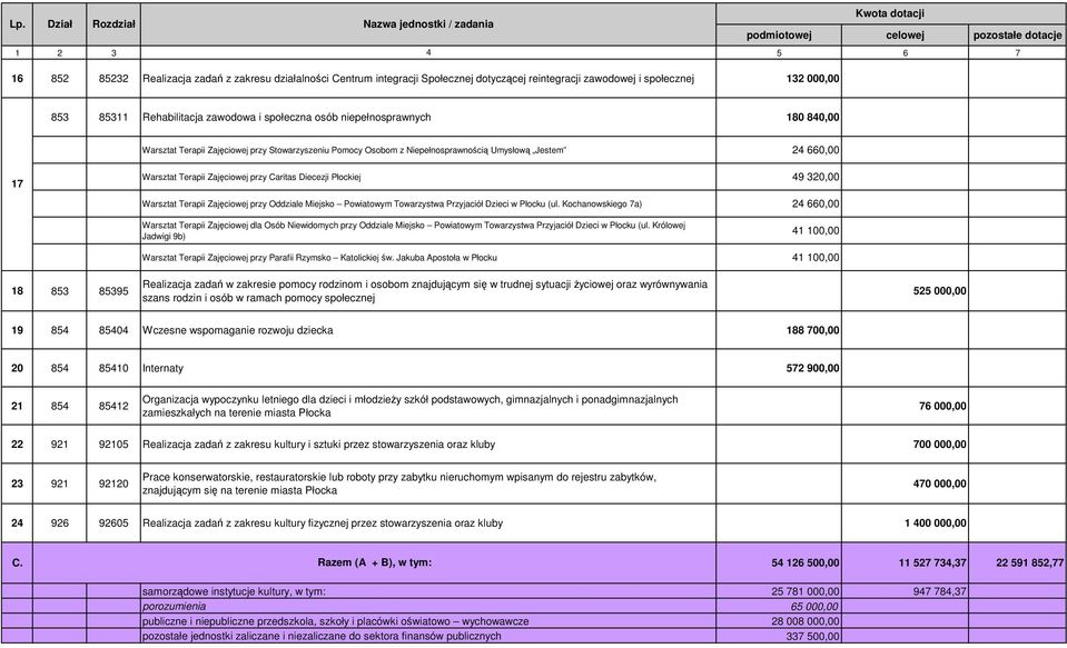 Płockiej 49 320,00 Warsztat Terapii Zajęciowej przy Oddziale Miejsko Powiatowym Towarzystwa Przyjaciół Dzieci w Płocku (ul.