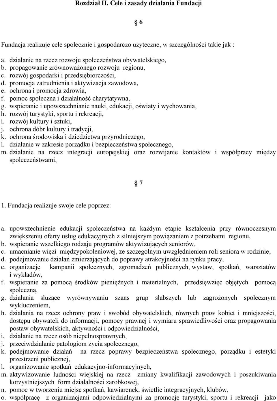 pomoc społeczna i działalność charytatywna, g. wspieranie i upowszechnianie nauki, edukacji, oświaty i wychowania, h. rozwój turystyki, sportu i rekreacji, i. rozwój kultury i sztuki, j.