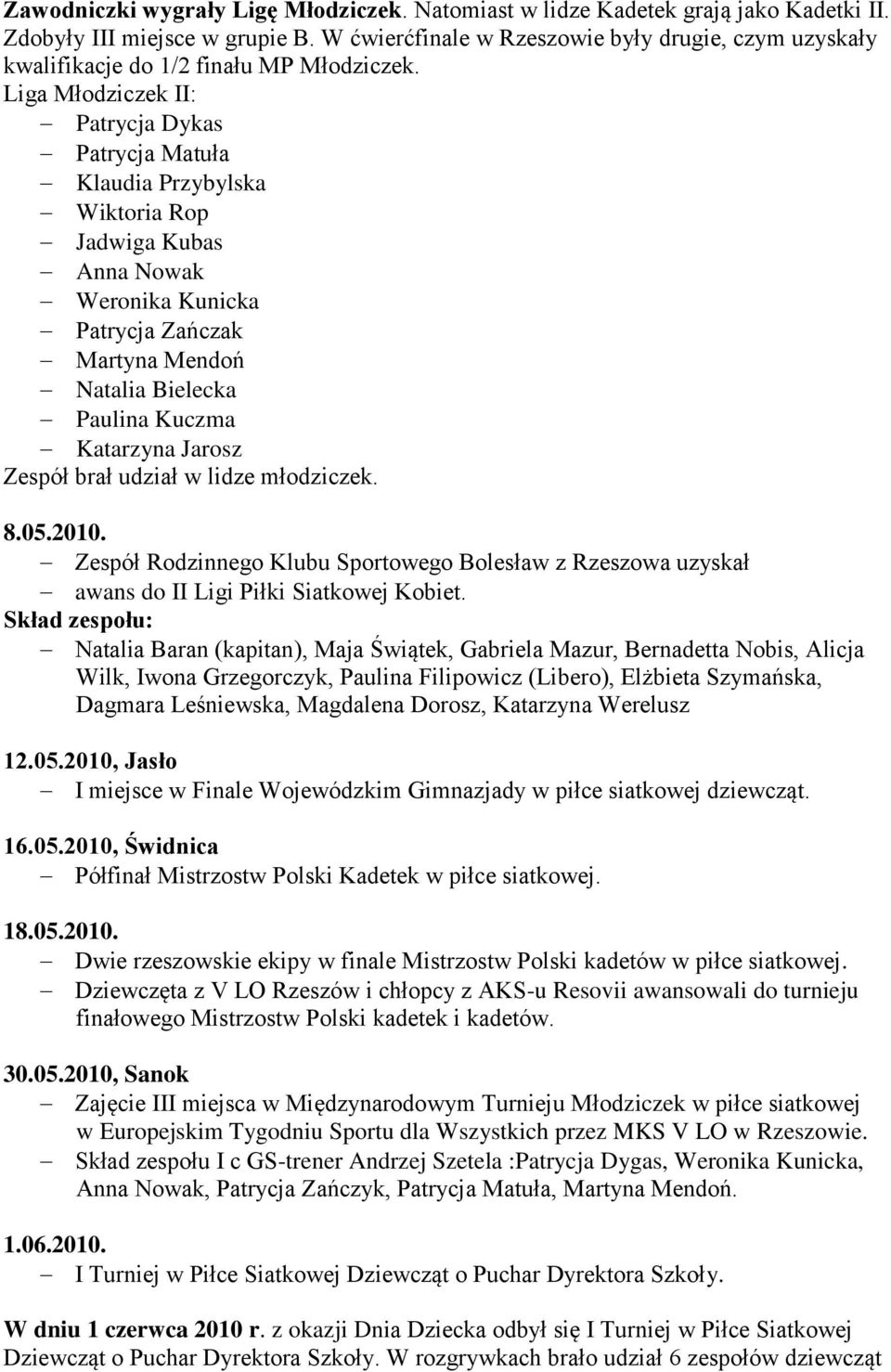 Liga Młodziczek II: Patrycja Dykas Patrycja Matuła Klaudia Przybylska Wiktoria Rop Jadwiga Kubas Anna Nowak Weronika Kunicka Patrycja Zańczak Martyna Mendoń Natalia Bielecka Paulina Kuczma Katarzyna