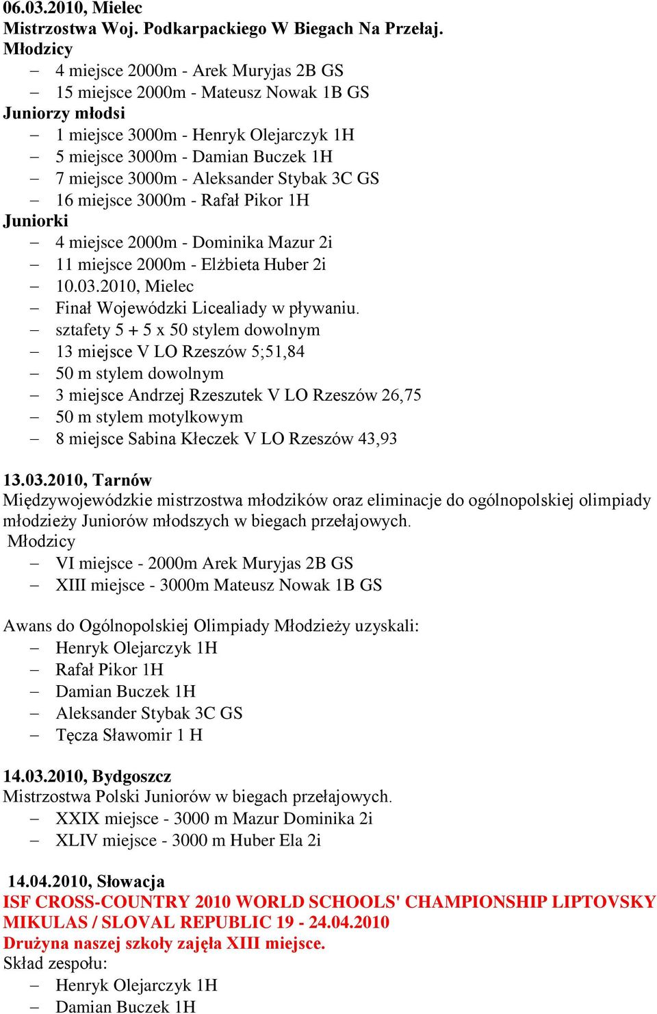 Aleksander Stybak 3C GS 16 miejsce 3000m - Rafał Pikor 1H Juniorki 4 miejsce 2000m - Dominika Mazur 2i 11 miejsce 2000m - Elżbieta Huber 2i 10.03.2010, Mielec Finał Wojewódzki Licealiady w pływaniu.