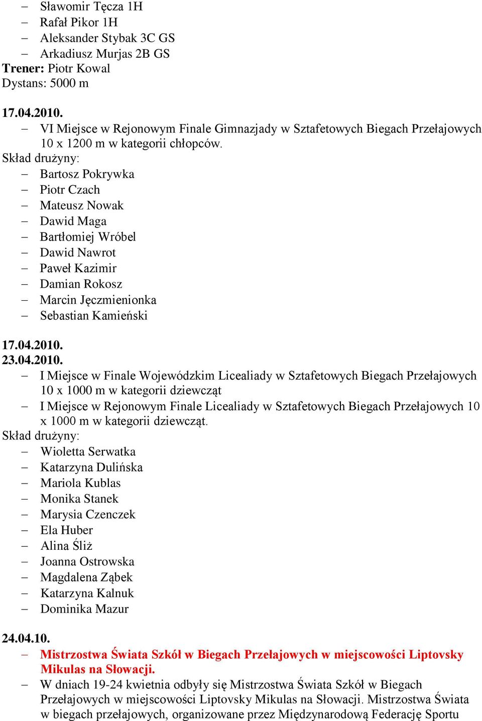 Skład drużyny: Bartosz Pokrywka Piotr Czach Mateusz Nowak Dawid Maga Bartłomiej Wróbel Dawid Nawrot Paweł Kazimir Damian Rokosz Marcin Jęczmienionka Sebastian Kamieński 17.04.2010.