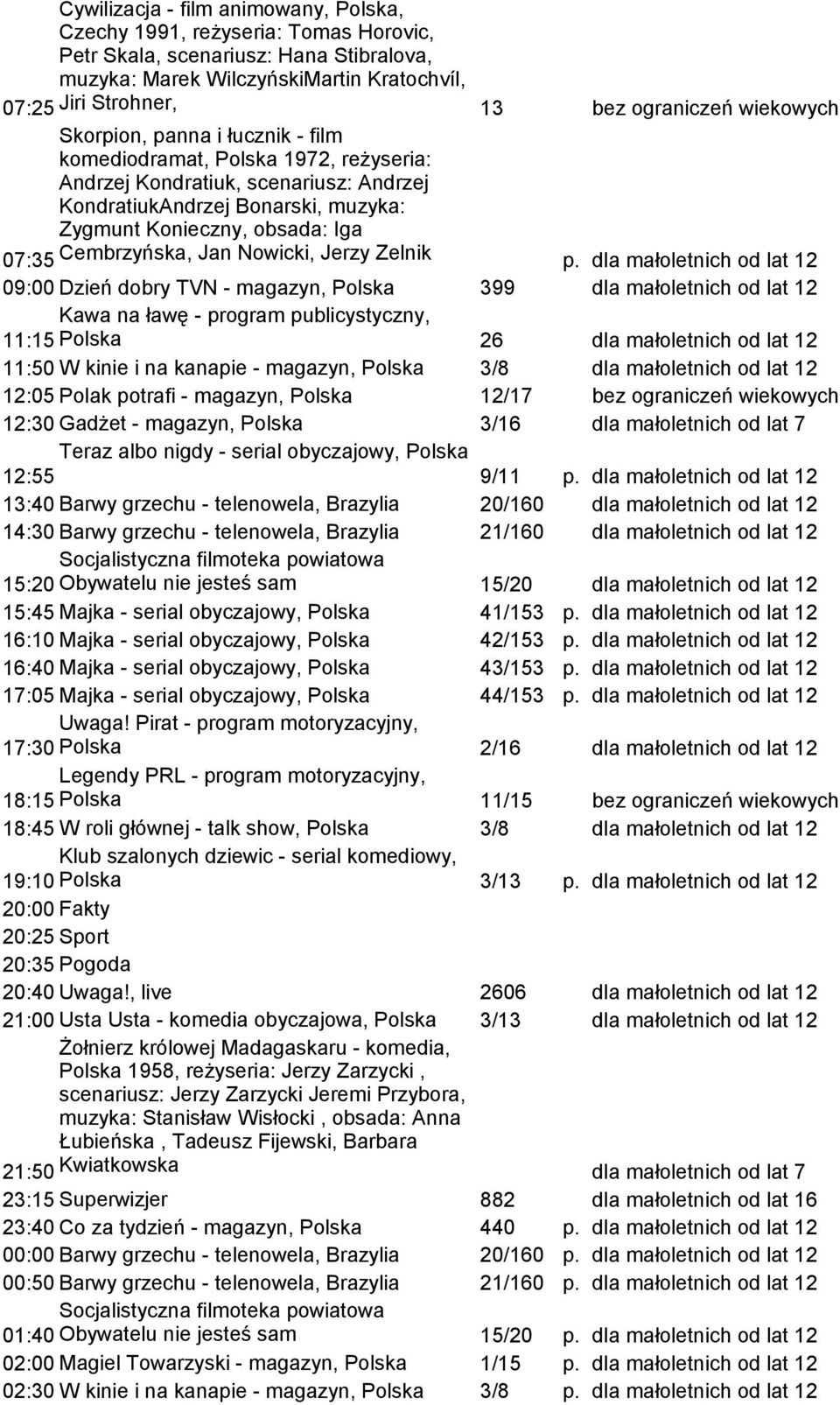 Cembrzyńska, Jan Nowicki, Jerzy Zelnik dla małoletnich od lat 12 09:00 Dzień dobry TVN - magazyn, Polska 399 dla małoletnich od lat 12 Kawa na ławę - program publicystyczny, 11:15 Polska 26 dla