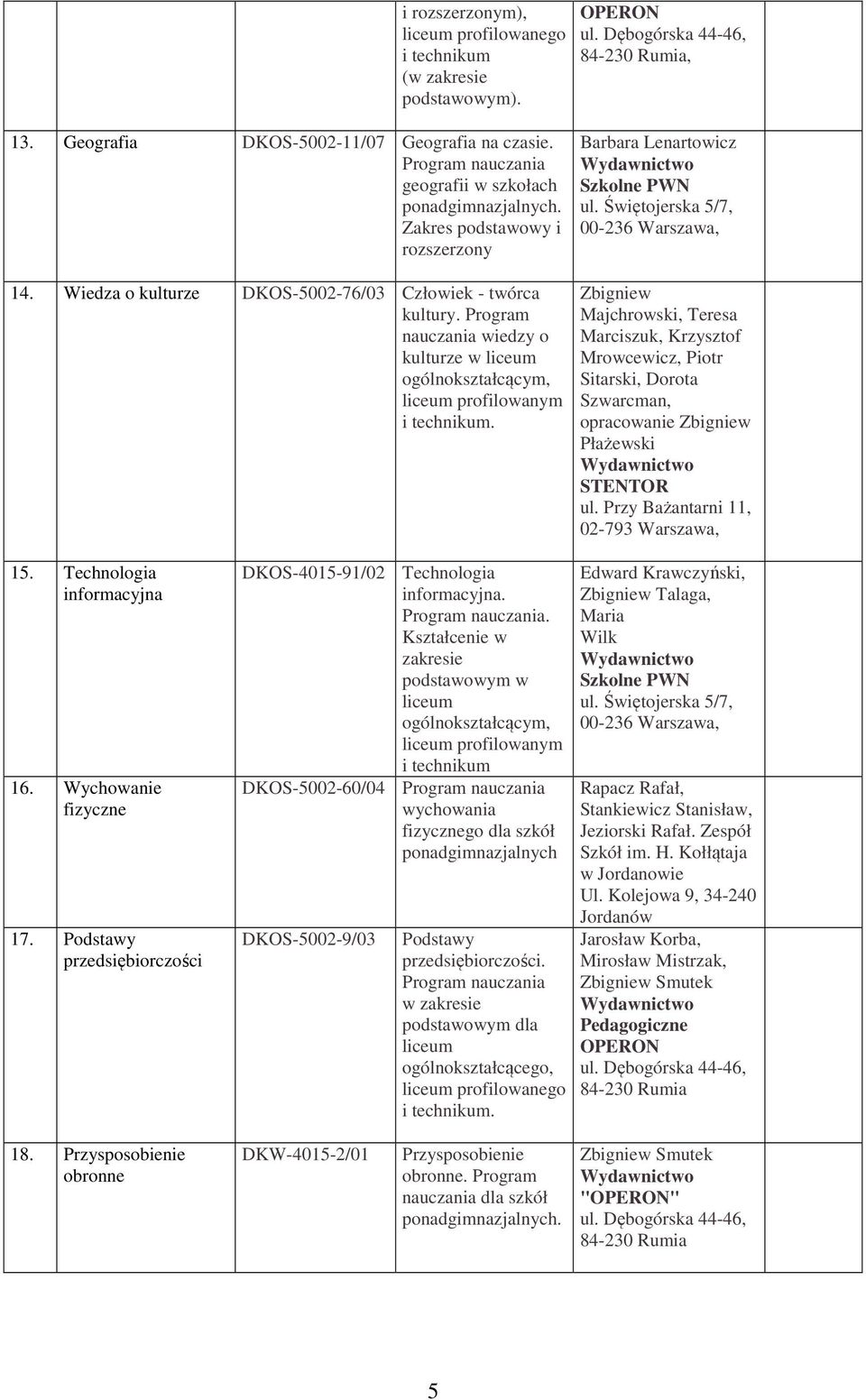 Program nauczania wiedzy o kulturze w ogólnokształcącym, profilowanym Barbara Lenartowicz Szkolne PWN ul.