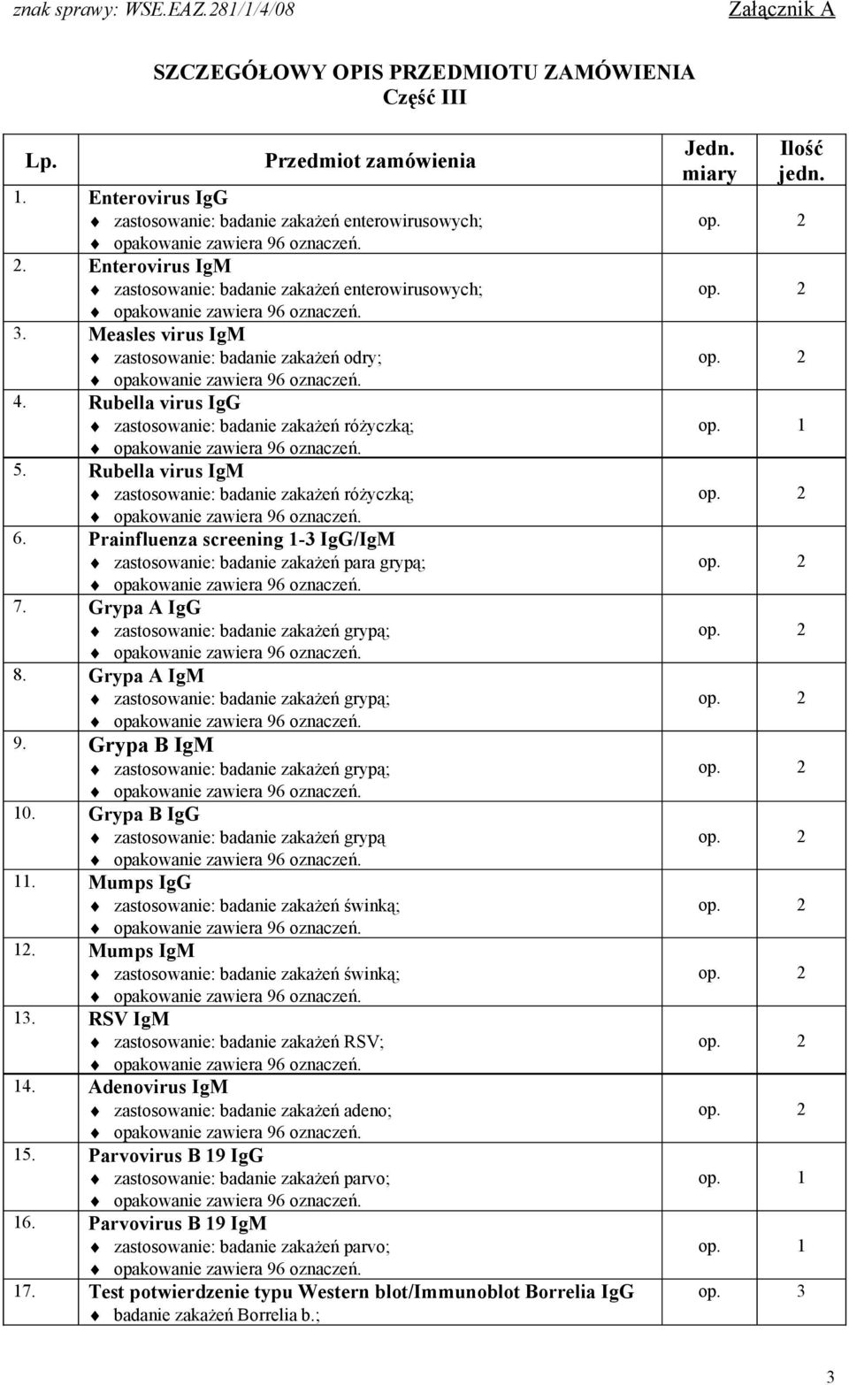 Prainfluenza screening 1-3 IgG/IgM zastosowanie: badanie zakażeń para grypą; 7. Grypa A IgG zastosowanie: badanie zakażeń grypą; 8. Grypa A IgM zastosowanie: badanie zakażeń grypą; 9.