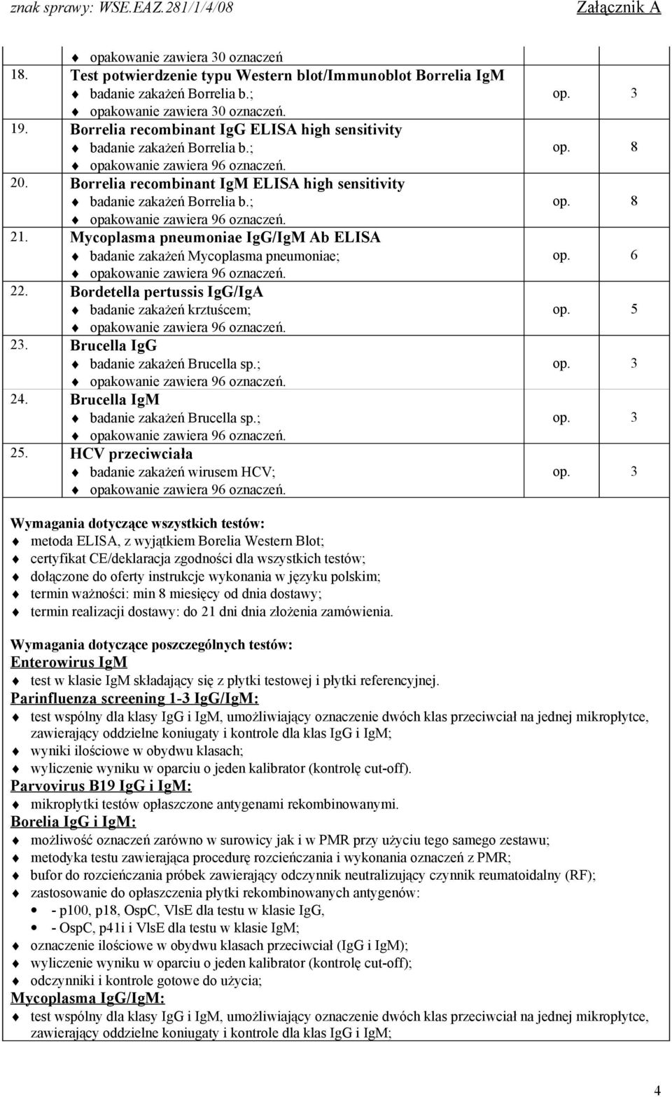 Mycoplasma pneumoniae IgG/IgM Ab ELISA badanie zakażeń Mycoplasma pneumoniae; 22. Bordetella pertussis IgG/IgA badanie zakażeń krztuścem; 23. Brucella IgG badanie zakażeń Brucella sp.; 24.