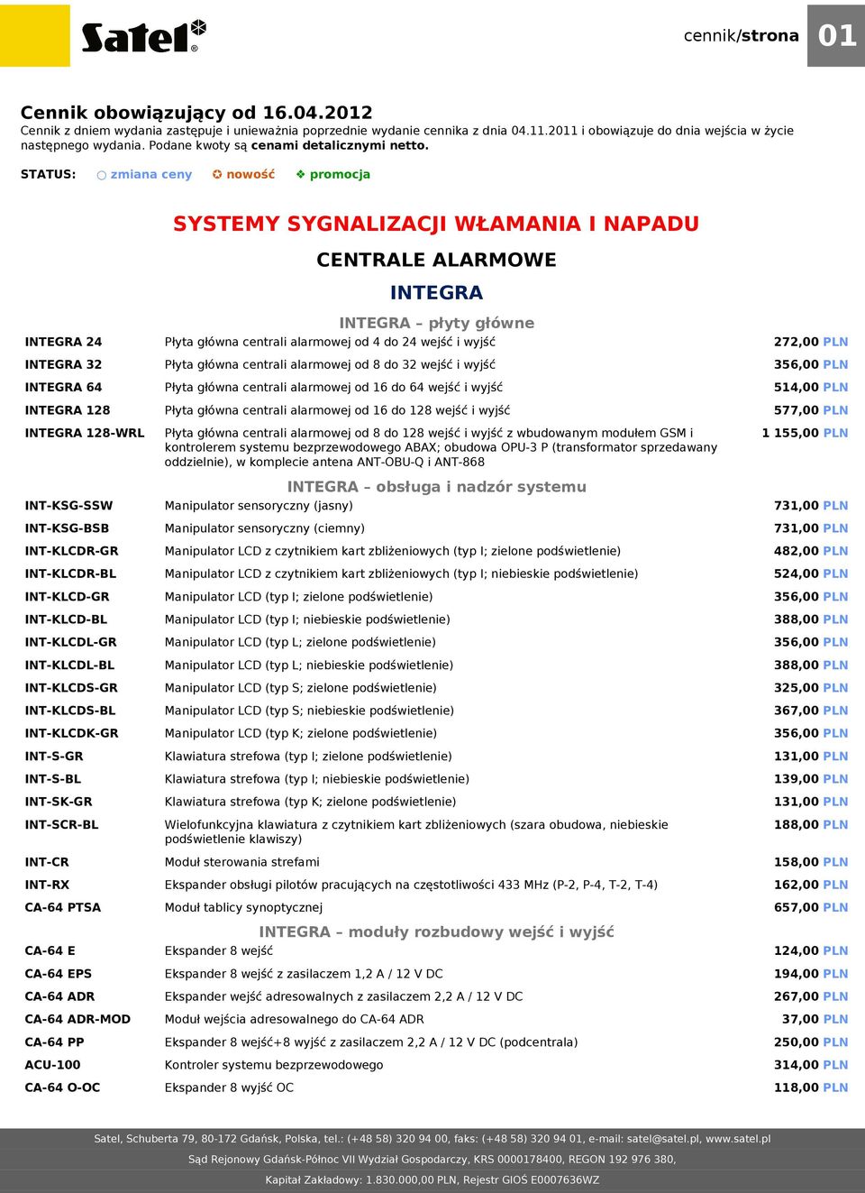 STATUS: zmiana ceny nowość promocja SYSTEMY SYGNALIZACJI WŁAMANIA I NAPADU CENTRALE ALARMOWE INTEGRA INTEGRA 24 INTEGRA 32 INTEGRA 64 INTEGRA 128 INTEGRA 128-WRL INT-KSG-SSW INT-KSG-BSB INT-KLCDR-GR