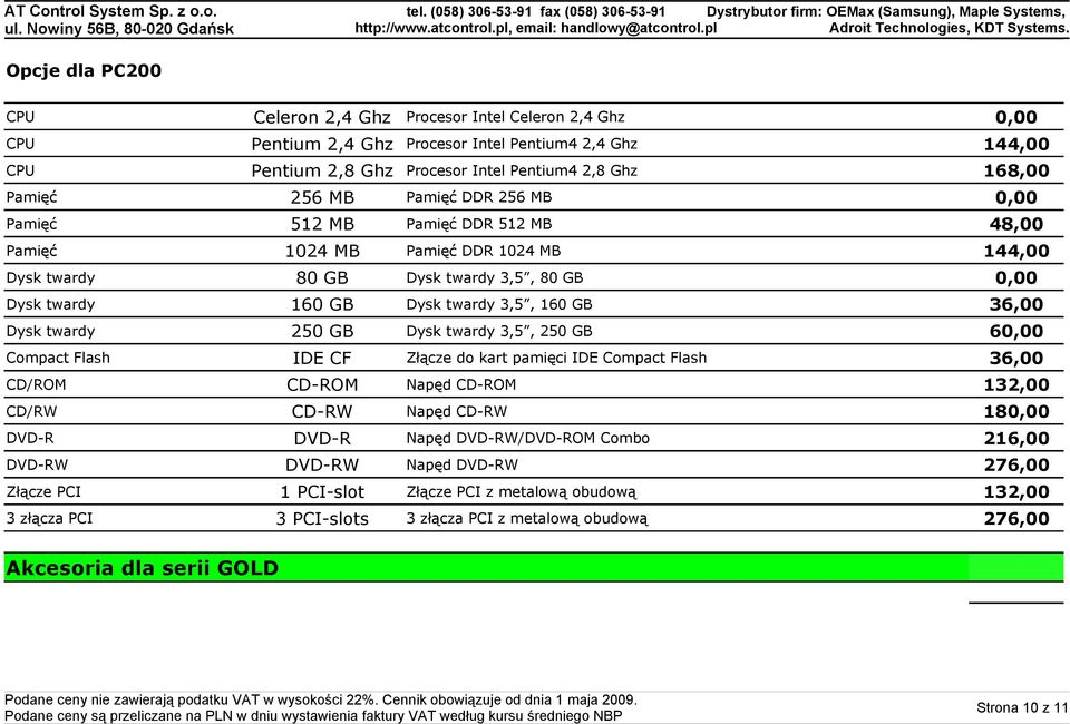 36,00 Dysk twardy 250 GB Dysk twardy 3,5, 250 GB 60,00 Compact Flash IDE CF Złącze do kart pamięci IDE Compact Flash 36,00 CD/ROM CD-ROM Napęd CD-ROM 132,00 CD/RW CD-RW Napęd CD-RW 180,00 DVD-R DVD-R