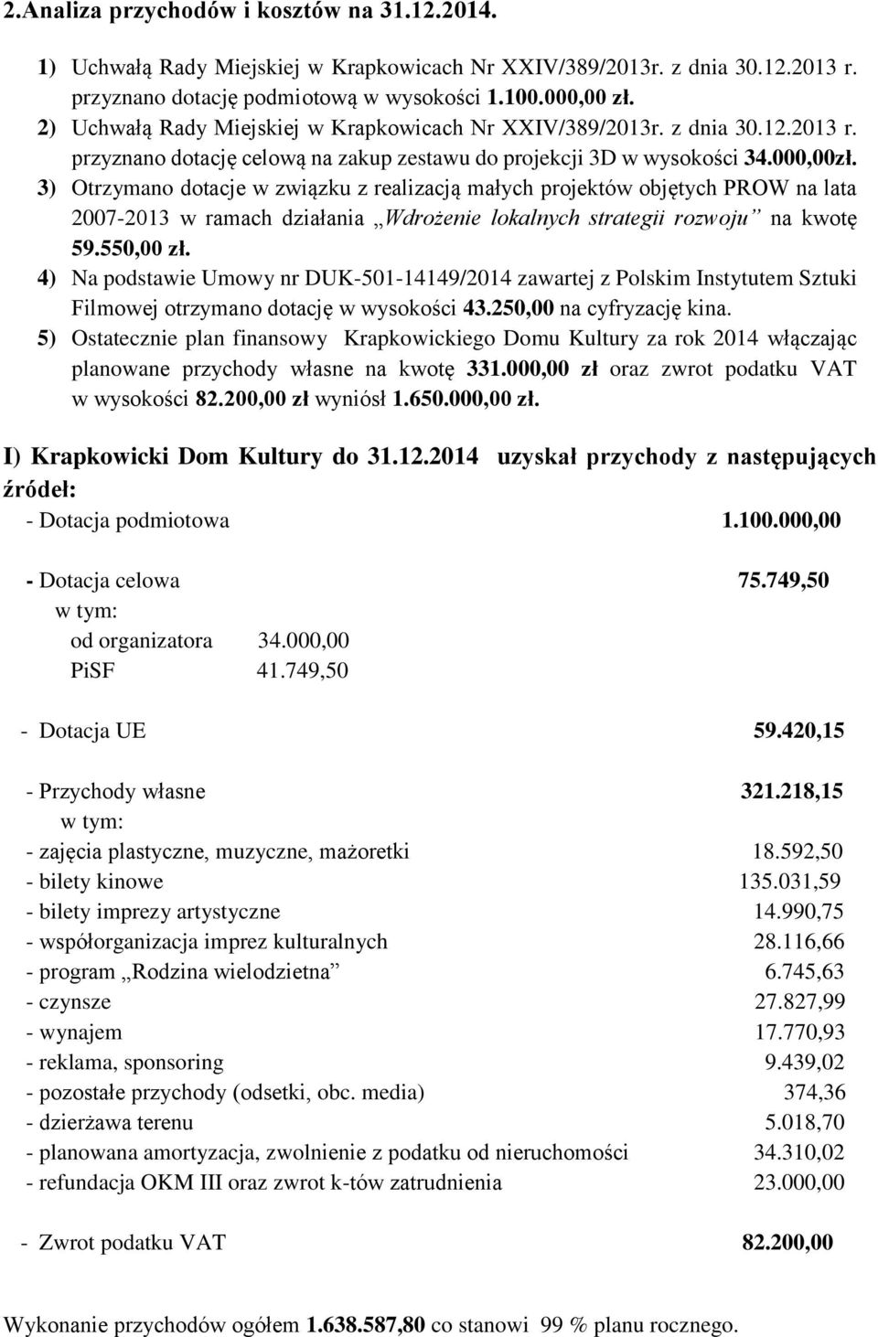 3) Otrzymano dotacje w związku z realizacją małych projektów objętych PROW na lata 2007-2013 w ramach działania Wdrożenie lokalnych strategii rozwoju na kwotę 59.550,00 zł.