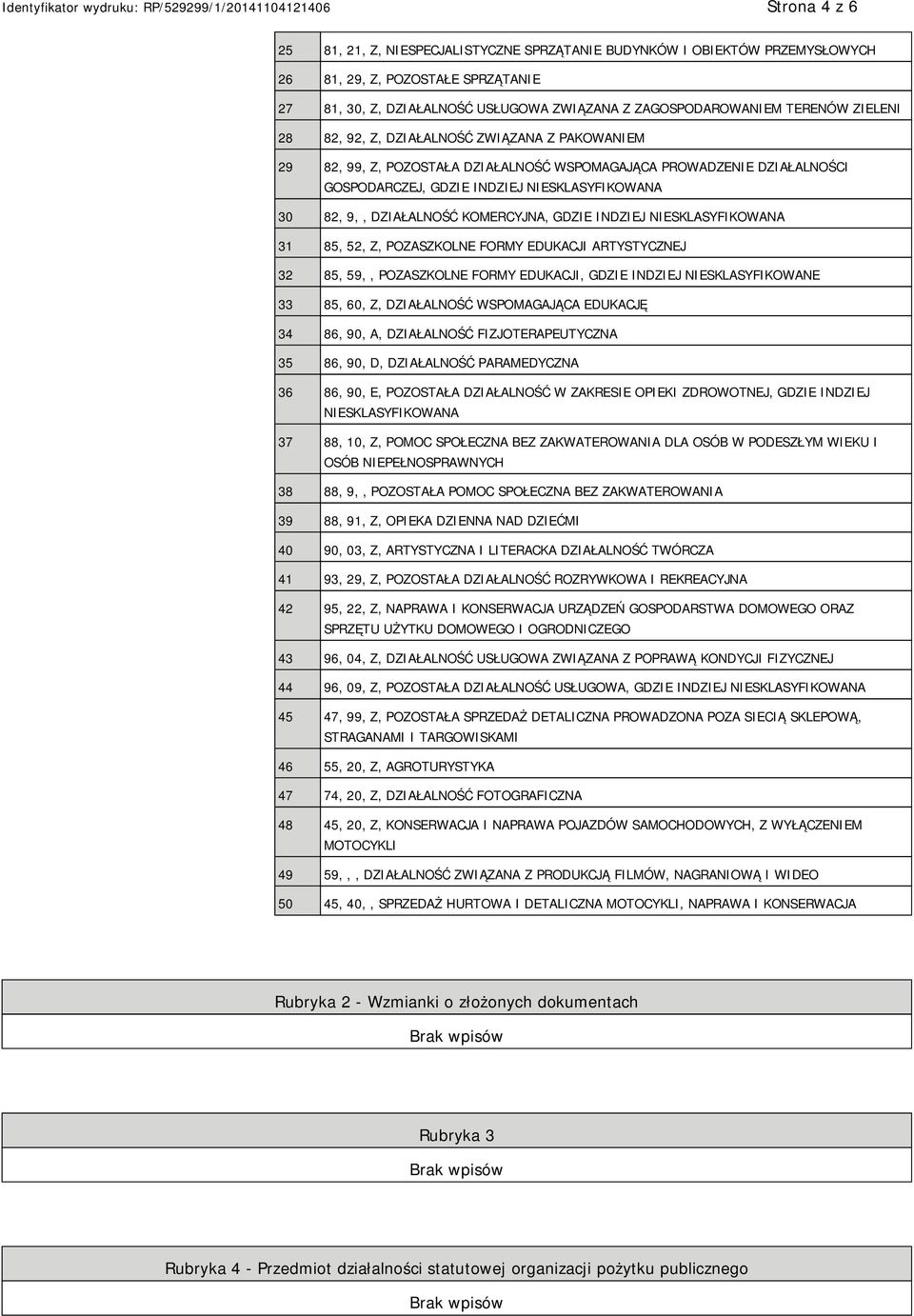 INDZIEJ SKLASYFIKOWANA 31 85, 52, Z, POZASZKOLNE FORMY EDUKACJI ARTYSTYCZNEJ 32 85, 59,, POZASZKOLNE FORMY EDUKACJI, GDZIE INDZIEJ SKLASYFIKOWANE 33 85, 60, Z, DZIAŁALNOŚĆ WSPOMAGAJĄCA EDUKACJĘ 34