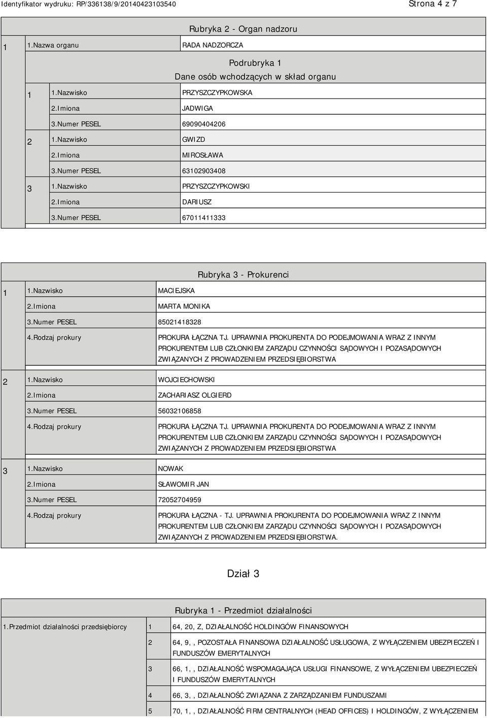 Numer PESEL 85021418328 4.Rodzaj prokury PROKURA ŁĄCZNA TJ.