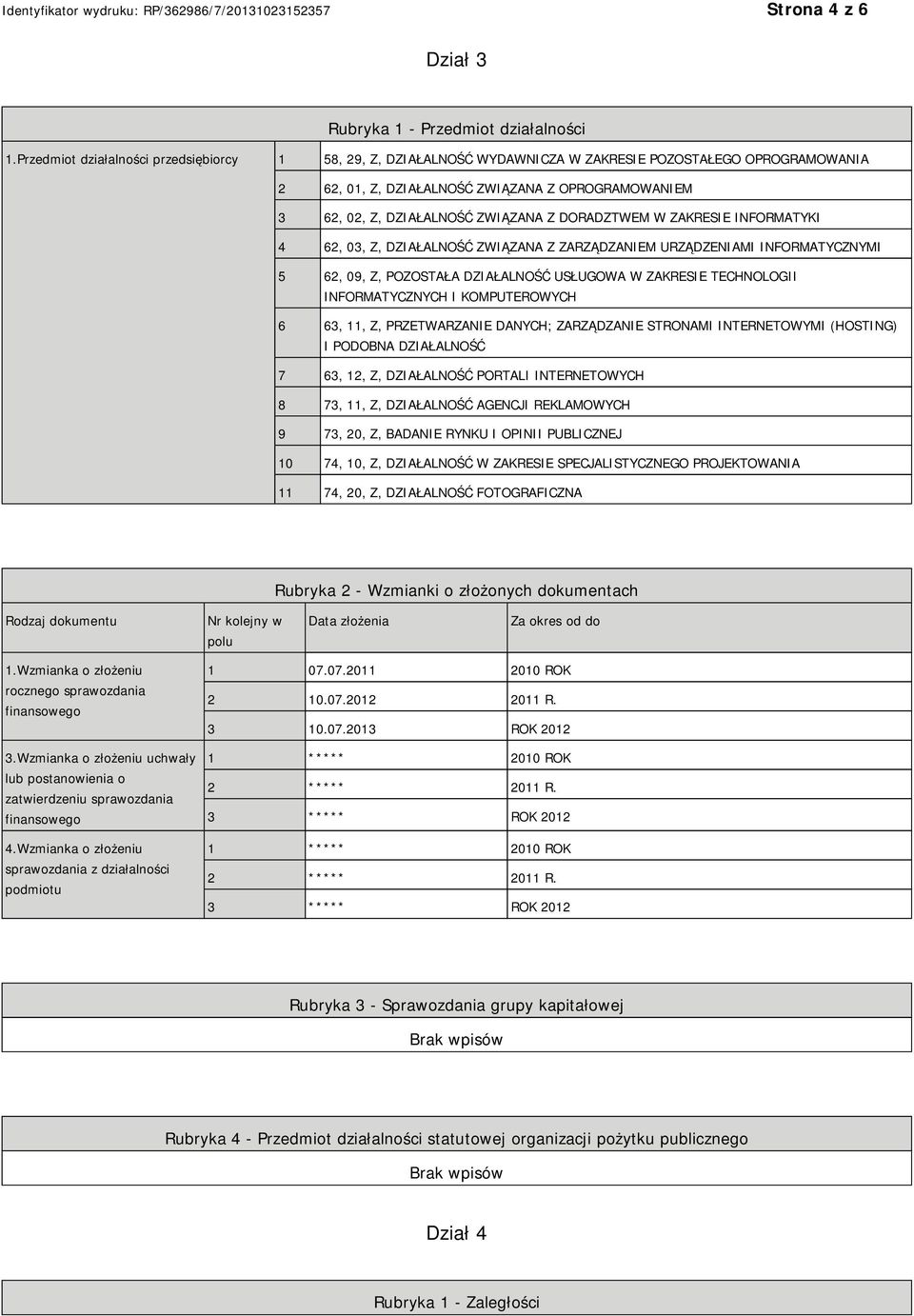 DORADZTWEM W ZAKRESIE INFORMATYKI 4 62, 03, Z, DZIAŁALNOŚĆ ZWIĄZANA Z ZARZĄDZAM URZĄDZENIAMI INFORMATYCZNYMI 5 62, 09, Z, POZOSTAŁA DZIAŁALNOŚĆ USŁUGOWA W ZAKRESIE TECHNOLOGII INFORMATYCZNYCH I