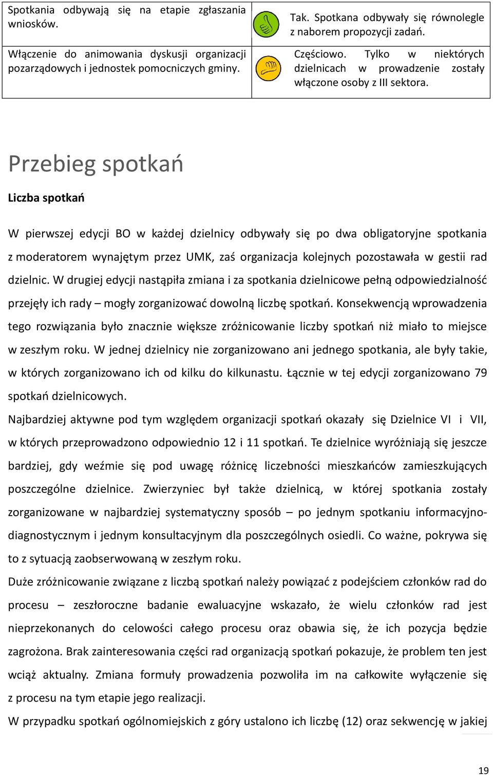 Przebieg spotkań Liczba spotkań W pierwszej edycji BO w każdej dzielnicy odbywały się po dwa obligatoryjne spotkania z moderatorem wynajętym przez UMK, zaś organizacja kolejnych pozostawała w gestii